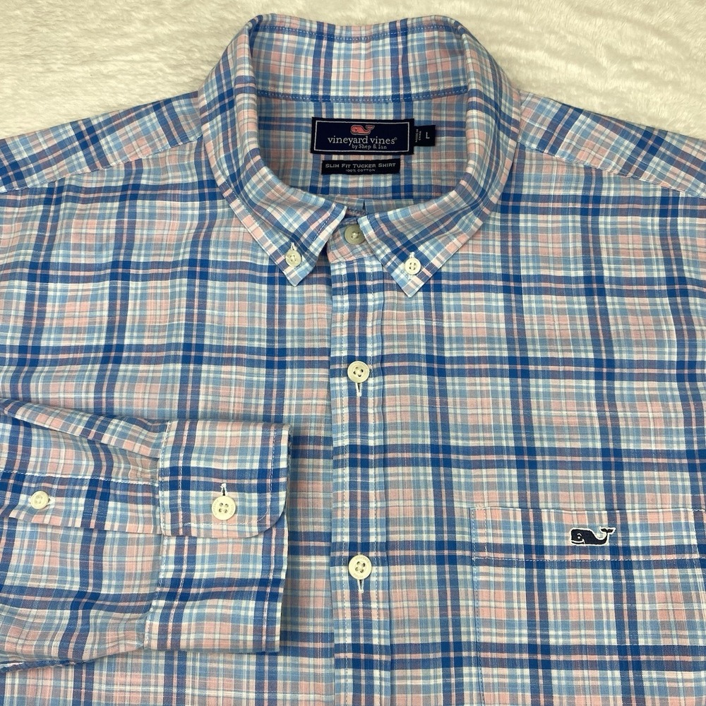 Vineyard Vines Shirt Mens Large‎ Blue/Pink Plaid Slim Fit Tucker Lightweight